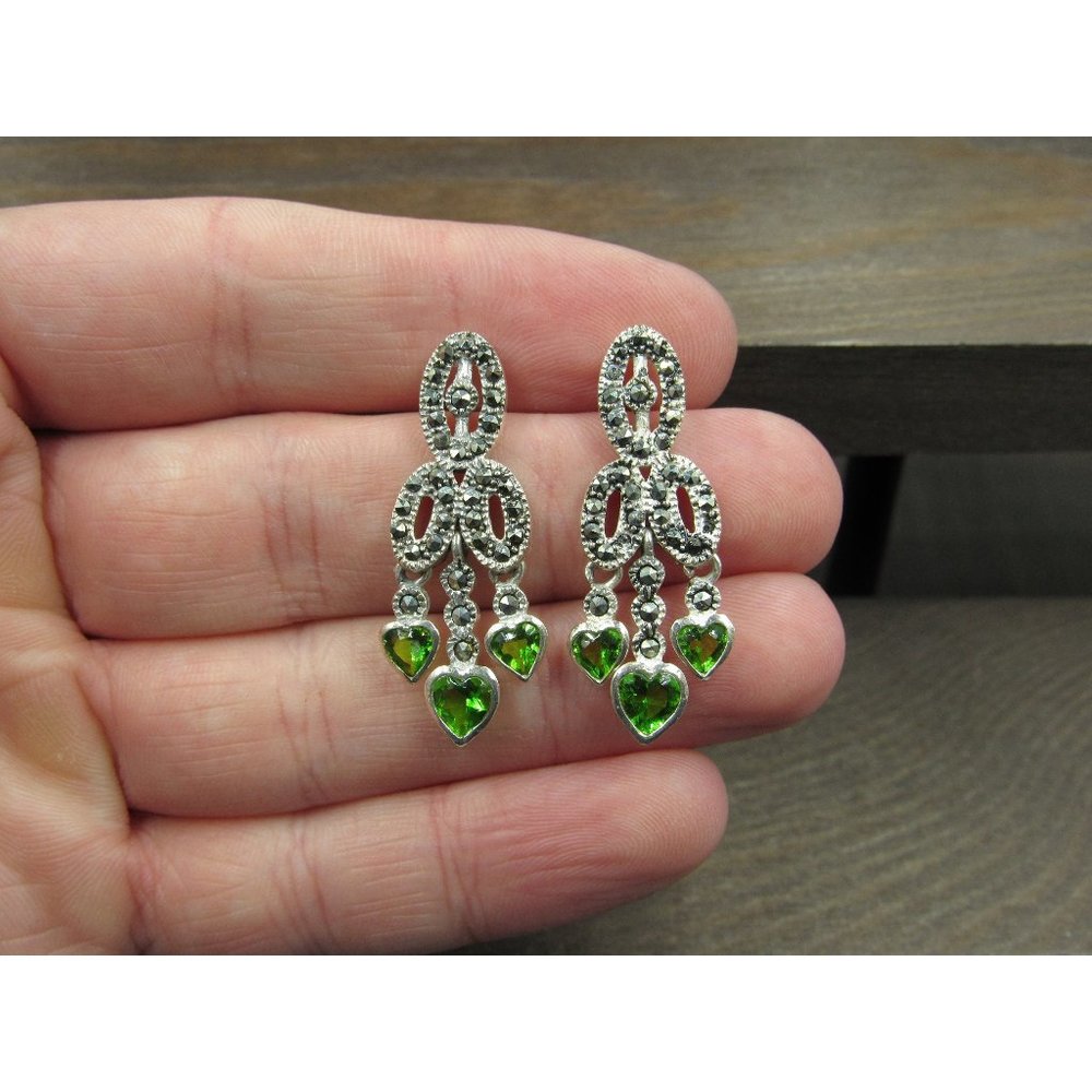 Sterling Silver Marcasite And Triple Heart Glass Gem Earrings Vintage Wedding
